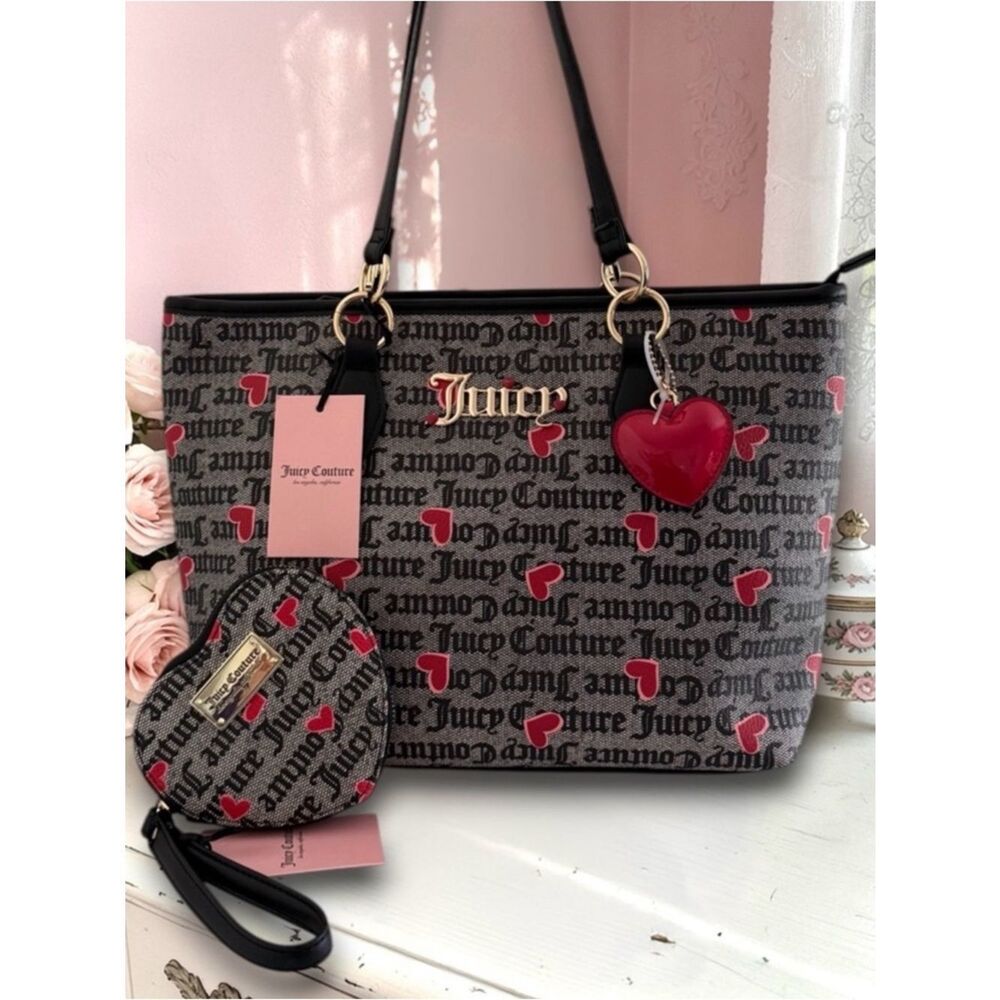Juicy Couture Black Red Hearts I Heart Juicy Tote Bag & Wristlet